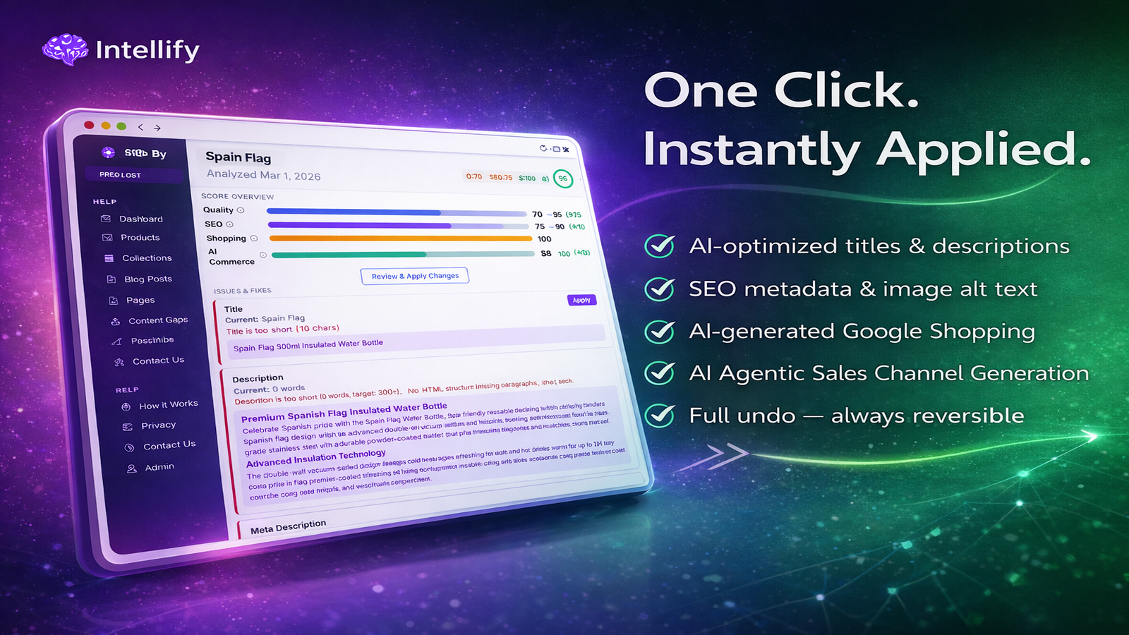 One-click apply interface showing AI-optimised titles, descriptions, SEO metadata, and full undo capability